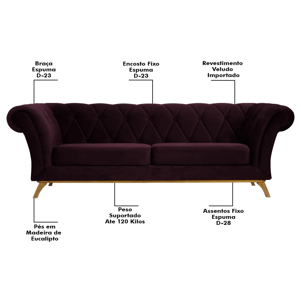 Sofá 230cm 3 Lugares Base Madeira Império C-292 Veludo Uva - Domi