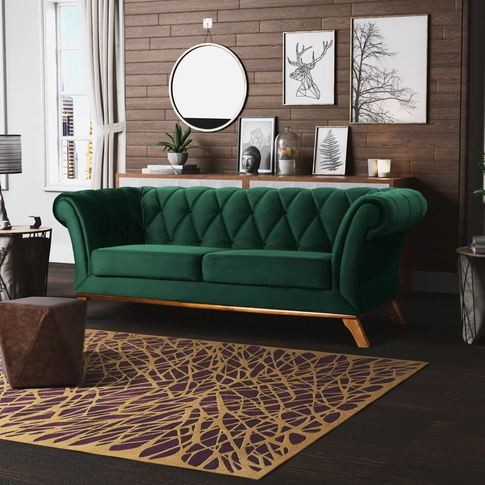 Sofá 230cm 3 Lugares Base Madeira Império C-303 Veludo Verde Musgo - Domi