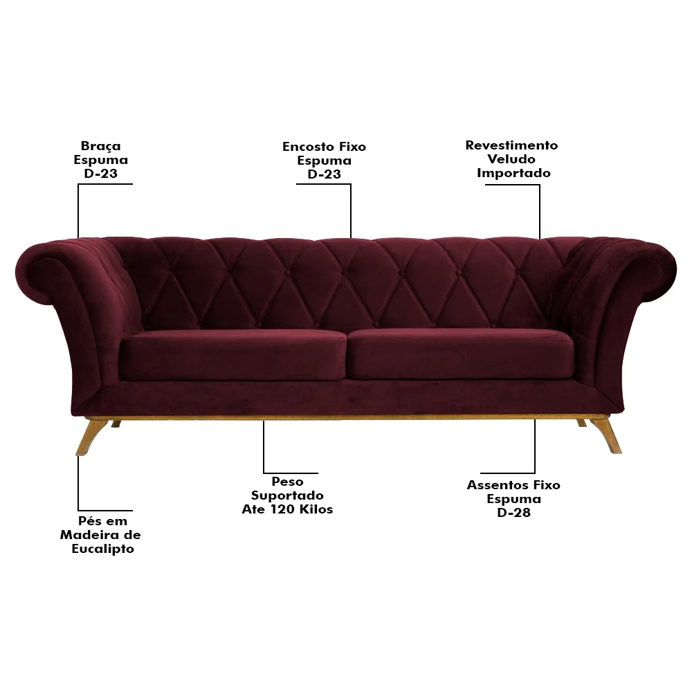 Sofá 260cm 4 Lugares Base Madeira Império C-278 Veludo Marsala - Domi