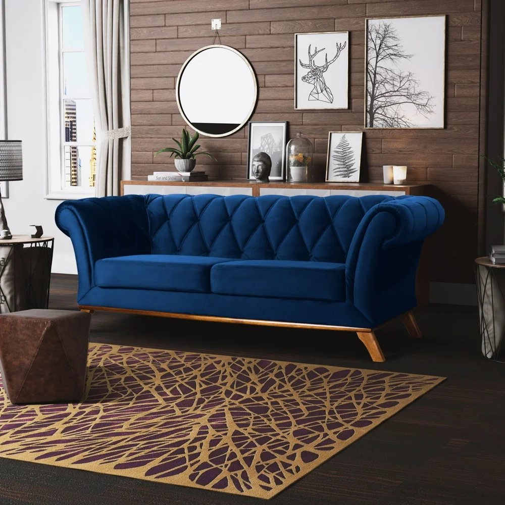 Sofá 260cm 4 Lugares Base Madeira Império C-304 Veludo Azul Marinho - Domi