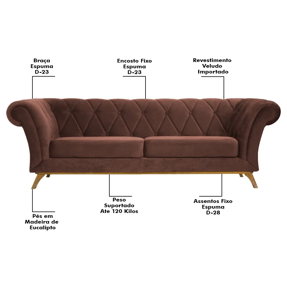 Sofá 180cm 3 Lugares Base Madeira Império C-276 Veludo Terra - Domi
