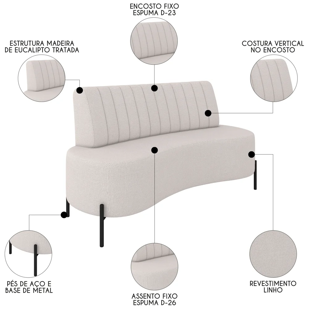 Sofá 2 Lugares 135cm Pés Aço Preto Tamar Z08 Linho Bege - Mpozenato