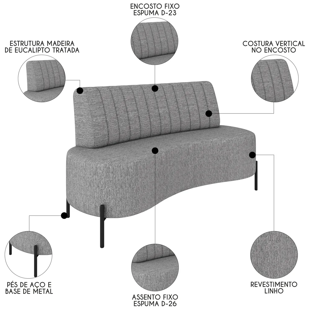 Sofá 2 Lugares 135cm Pés Aço Preto Tamar Z08 Linho Cinza Escuro - Mpozenato