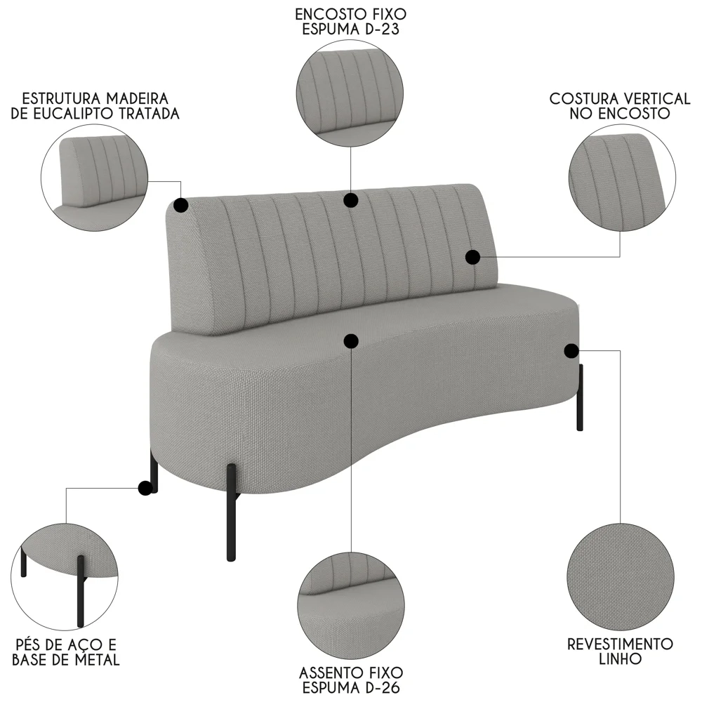 Sofá 2 Lugares 135cm Pés Aço Preto Tamar Z08 Linho Cinza - Mpozenato