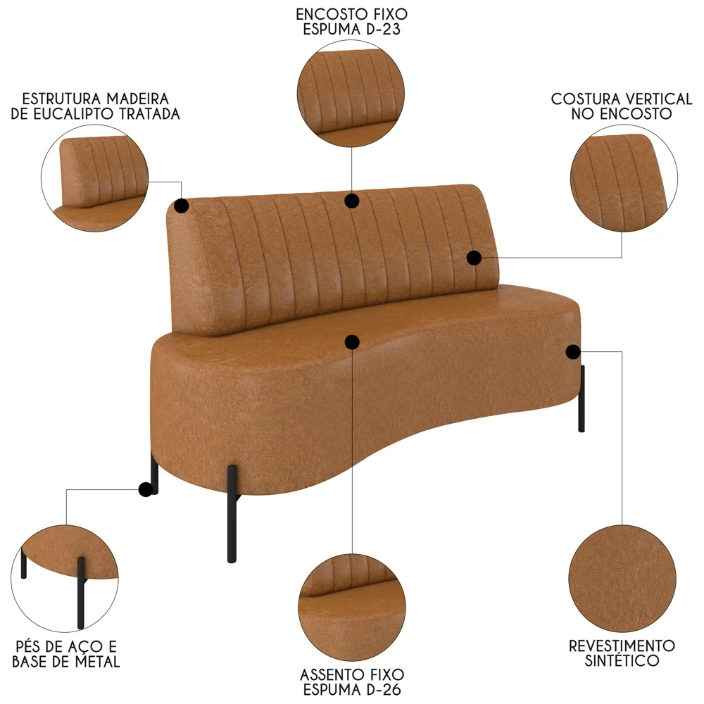 Sofá 2 Lugares 135cm Pés Aço Preto Tamar Z08 Sintético Camel - Mpozenato