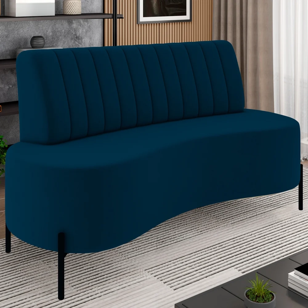 Sofá 2 Lugares 135cm Pés Aço Preto Tamar Z08 Veludo Azul - Mpozenato