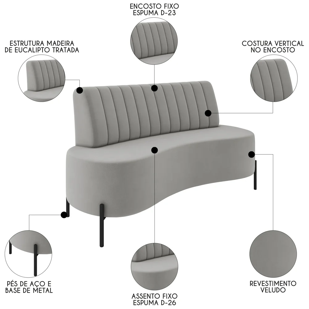 Sofá 2 Lugares 135cm Pés Aço Preto Tamar Z08 Veludo Cinza - Mpozenato