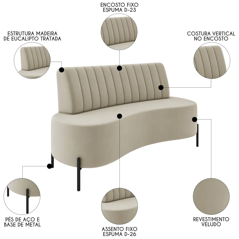 Sofá 2 Lugares 160cm Pés Aço Preto Tamar Z08 Veludo Bege - Mpozenato