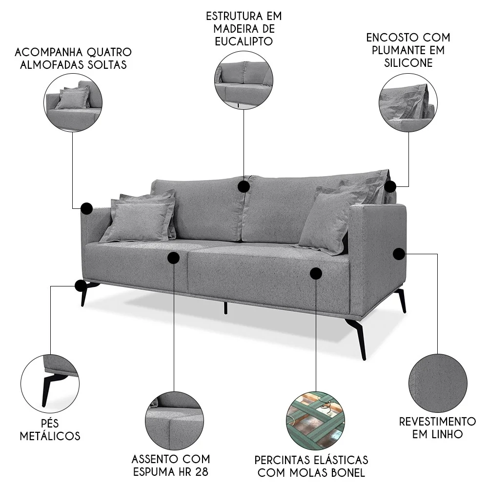 Sofá 2 Lugares 160cm Pés de Metal Vecchia S06 Linho Cinza - Mpozenato