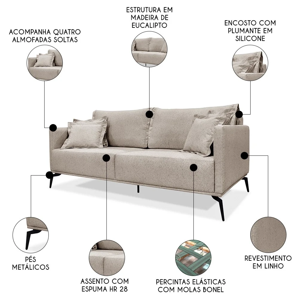 Sofá 2 Lugares 180cm Pés de Metal Vecchia S06 Linho Areia - Mpozenato