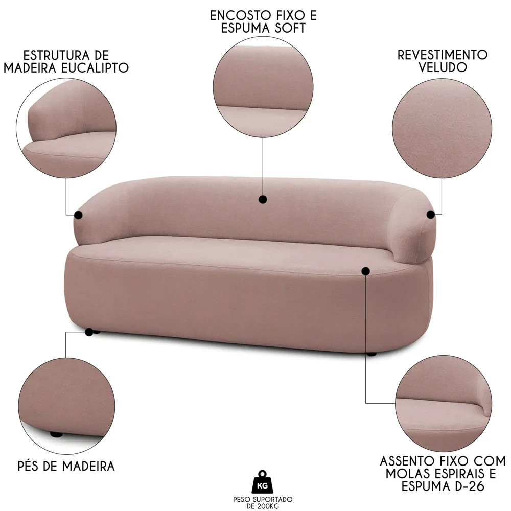 Sofá 2 Lugares Living Orgânico Sala de Estar 140cm Conka F05 Veludo Rosê - Mpozenato