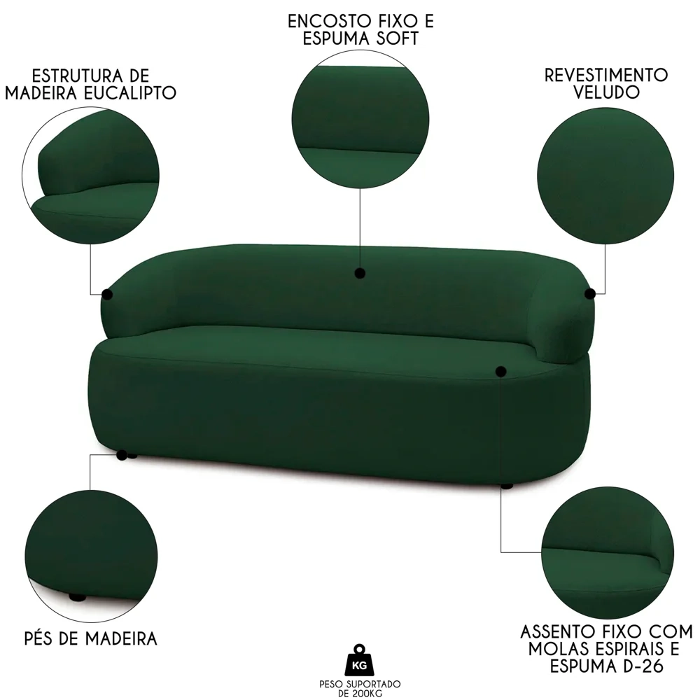 Sofá 2 Lugares Living Orgânico Sala de Estar 140cm Conka F05 Veludo Verde - Mpozenato