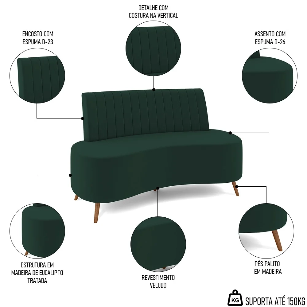 Sofá 2 Lugares para Sala Living 135cm Pés Palito Tamar Z08 Veludo Verde - Mpozenato
