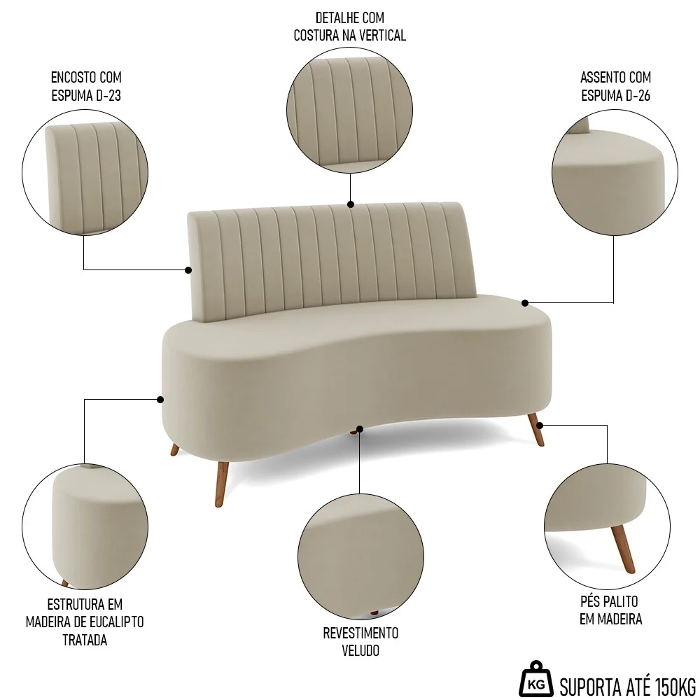 Sofá 2 Lugares para Sala Living 135cm Pés Palito Tamar Z08 Veludo Bege - Mpozenato