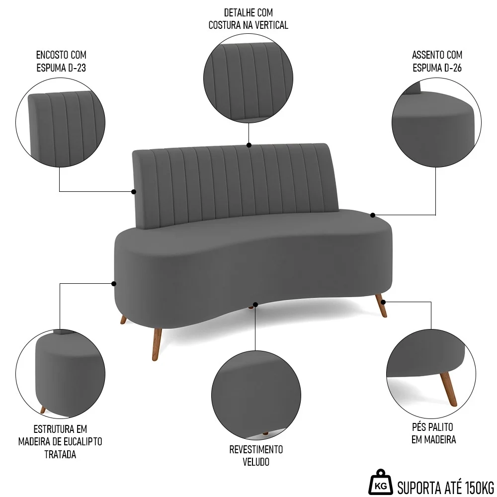 Sofá 2 Lugares para Sala Living 135cm Pés Palito Tamar Z08 Veludo Cinza Escuro - Mpozenato