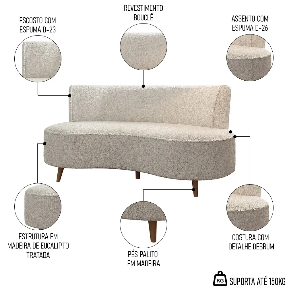 Sofá 2 Lugares para Sala Living 135cm Pés Palito Korah Z08 Boucle Bege - Mpozenato
