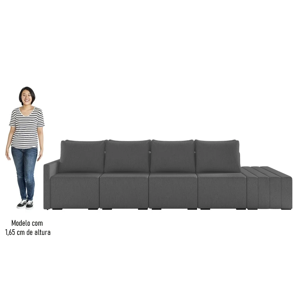 Sofá Ilha Modular com Puff para Sala Living 392cm Georgia Z08 Linho Cinza Escuro - Mpozenato