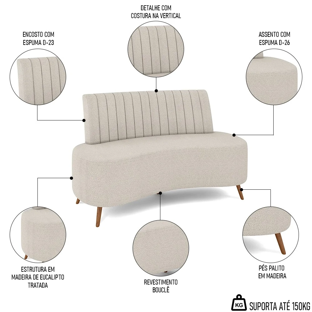 Sofá 2 Lugares para Sala Living 160cm Pés Palito Tamar Z08 Boucle Bege - Mpozenato