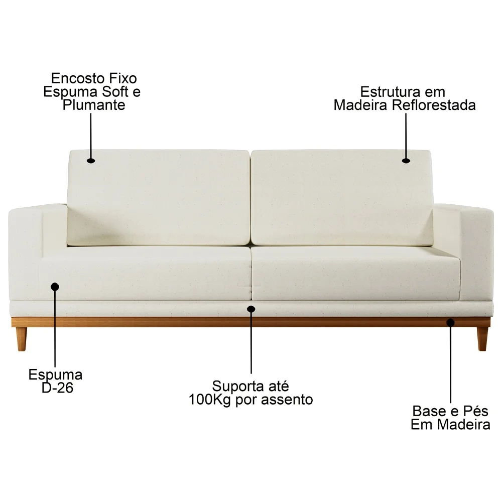 Sofá Living 180cm 3 Lugares Kayrós D05 Linho Cru - Mpozenato