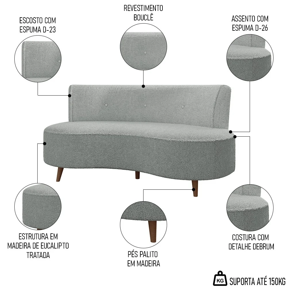 Sofá 2 Lugares para Sala Living 135cm Pés Palito Korah Z08 Boucle Cinza Escuro - Mpozenato