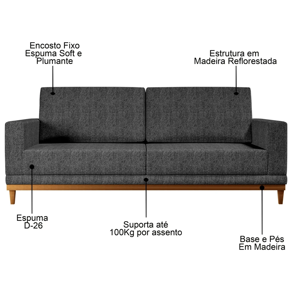 Sofá Living 200cm 3 Lugares Kayrós D05 Linho Chumbo - Mpozenato