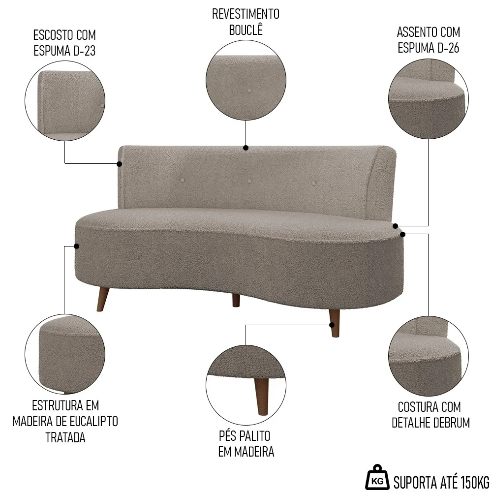 Sofá 2 Lugares para Sala Living 135cm Pés Palito Korah Z08 Boucle Bege Escuro - Mpozenato