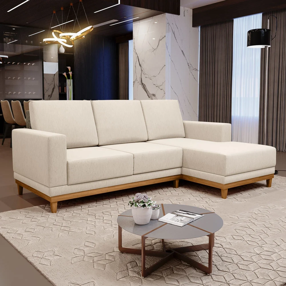 Sofá Living 200cm 3 Lugares Com Chaise Direito Kayrós D05 Linho Bege - Mpozenato