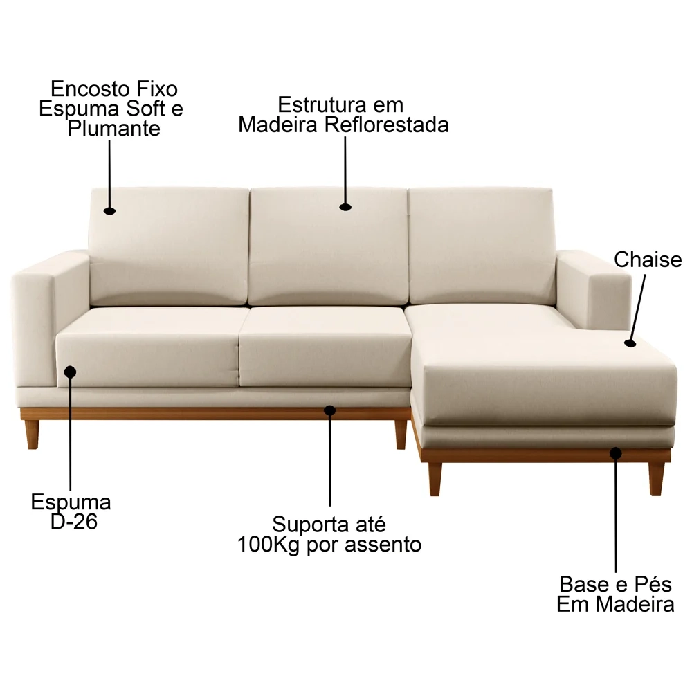 Sofá Living 200cm 3 Lugares Com Chaise Direito Kayrós D05 Linho Bege - Mpozenato
