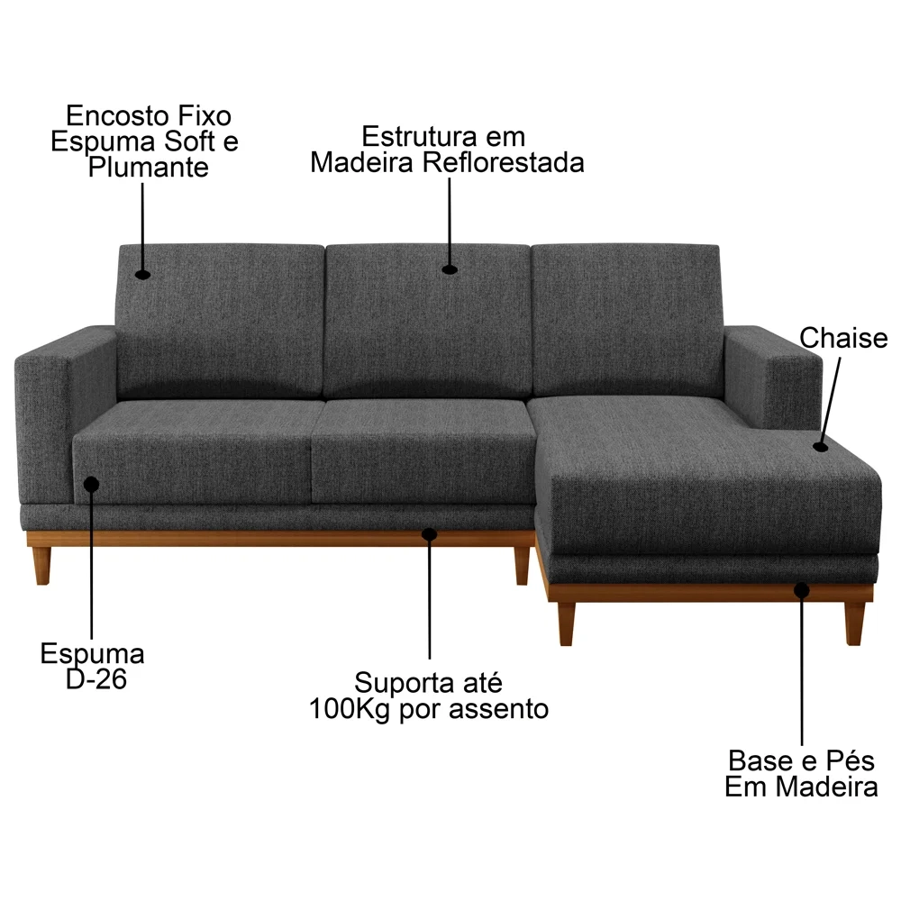 Sofá Living 200cm 3 Lugares Com Chaise Direito Kayrós D05 Linho Chumbo - Mpozenato