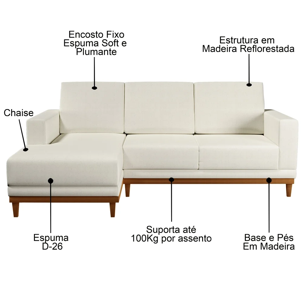 Sofá Living 200cm 3 Lugares Com Chaise Esquerdo Kayrós D05 Linho Cru - Mpozenato