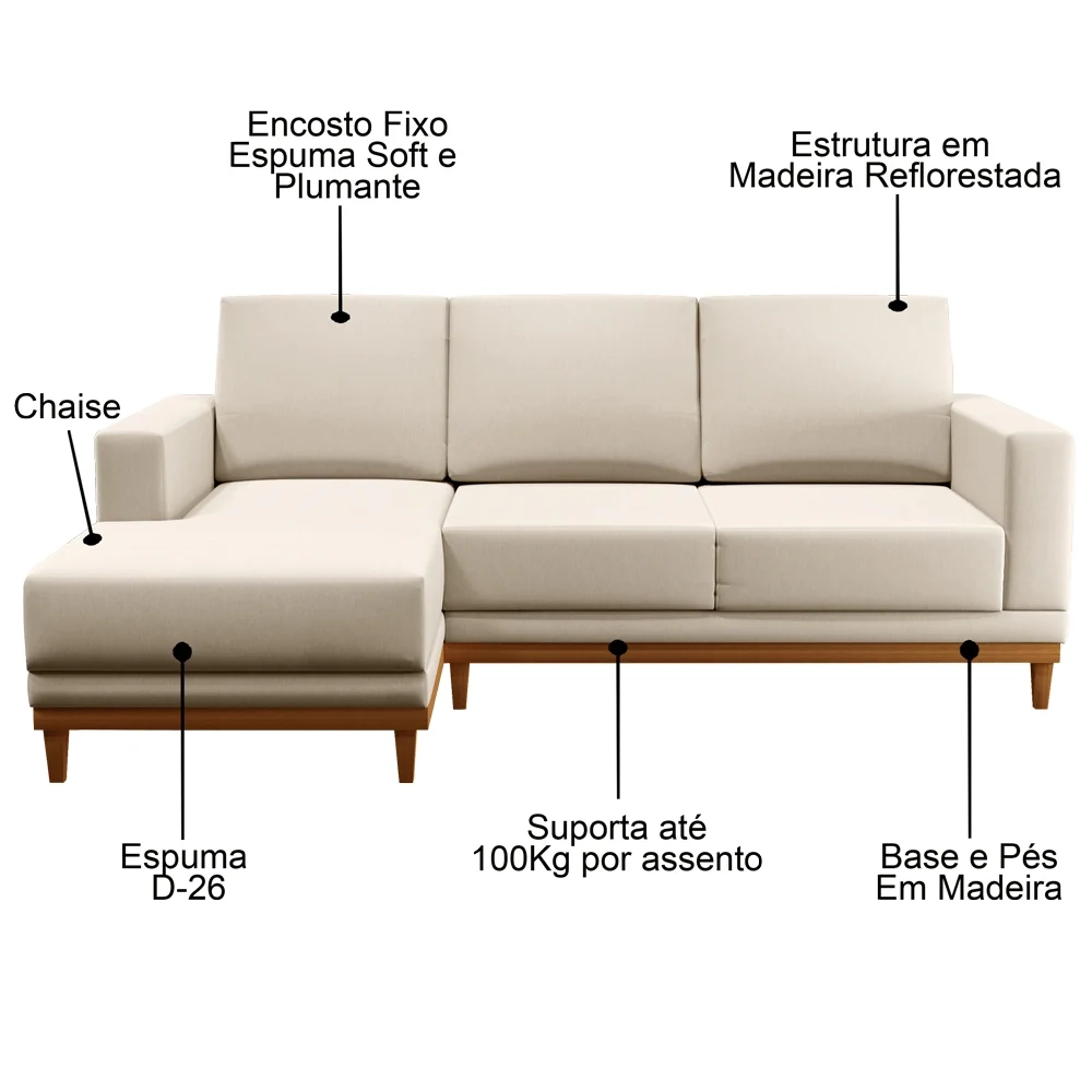 Sofá Living 200cm 3 Lugares Com Chaise Esquerdo Kayrós D05 Linho Bege - Mpozenato