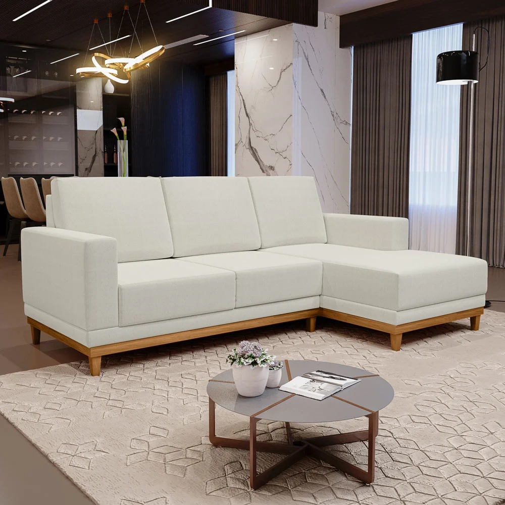 Sofá Living 200cm 3 Lugares Com Chaise Direito Kayrós D05 Linho Cru - Mpozenato
