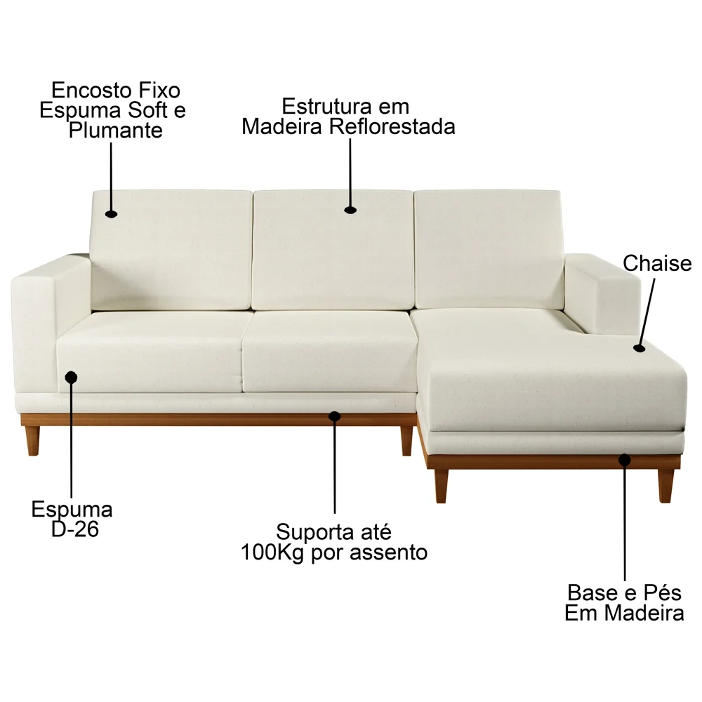 Sofá Living 200cm 3 Lugares Com Chaise Direito Kayrós D05 Linho Cru - Mpozenato