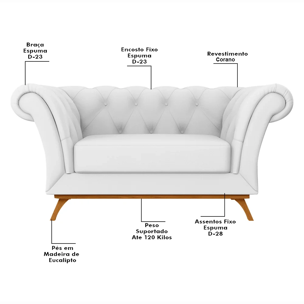 Sofá para Sala de Estar 150cm 1 Lugar Base Madeira Império C-12 Corano Branco - Domi