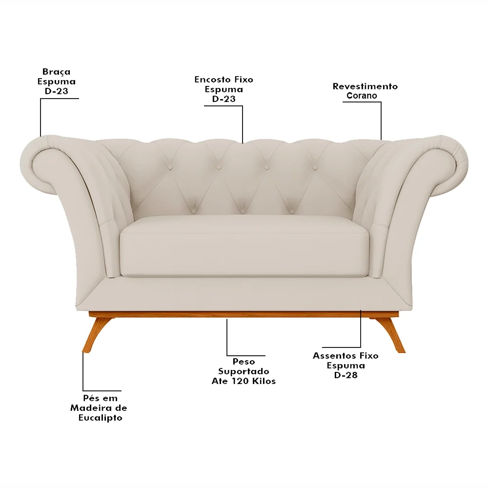 Sofá para Sala de Estar 150cm 1 Lugar Base Madeira Império C-26 Corano Bege - Domi