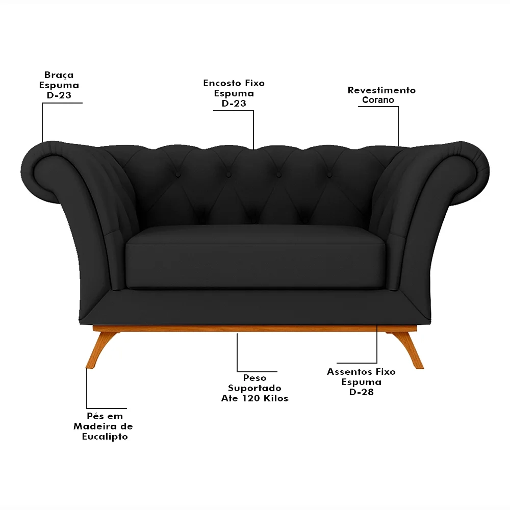 Sofá para Sala de Estar 150cm 1 Lugar Base Madeira Império C-05 Corano Preto - Domi