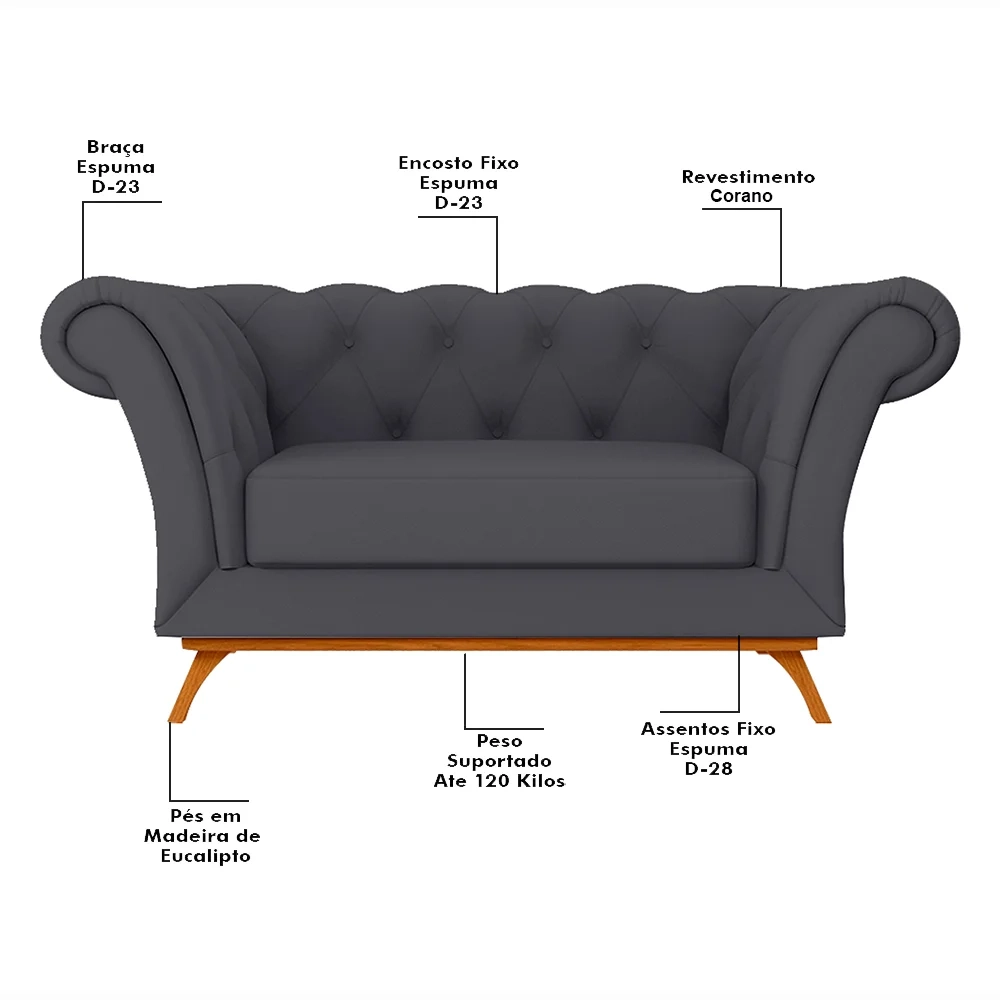 Sofá para Sala de Estar 150cm 1 Lugar Base Madeira Império C-03 Corano Cinza - Domi