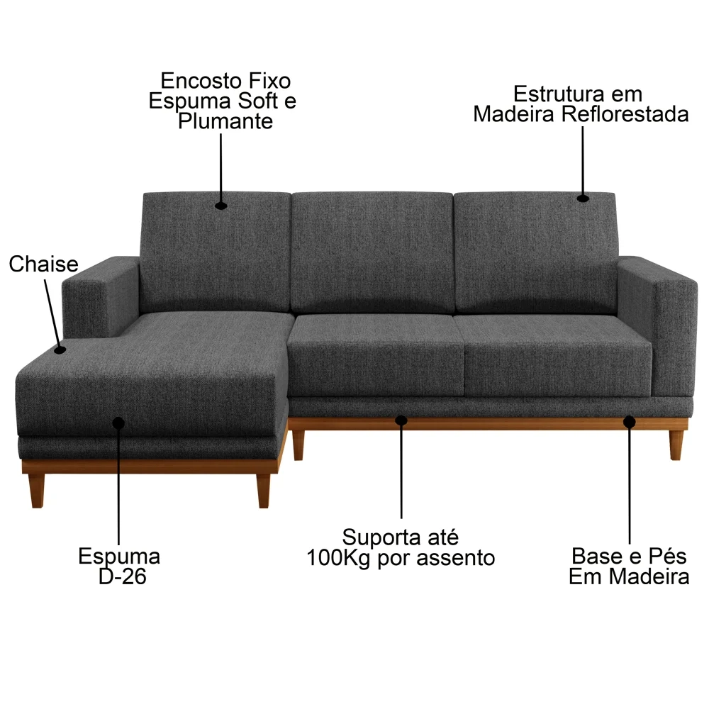 Sofá Living 200cm 3 Lugares Com Chaise Esquerdo Kayrós D05 Linho Chumbo - Mpozenato