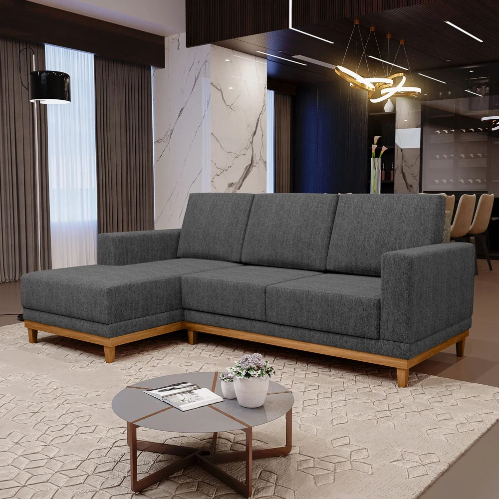 Sofá Living 200cm 3 Lugares Com Chaise Esquerdo Kayrós D05 Linho Chumbo - Mpozenato