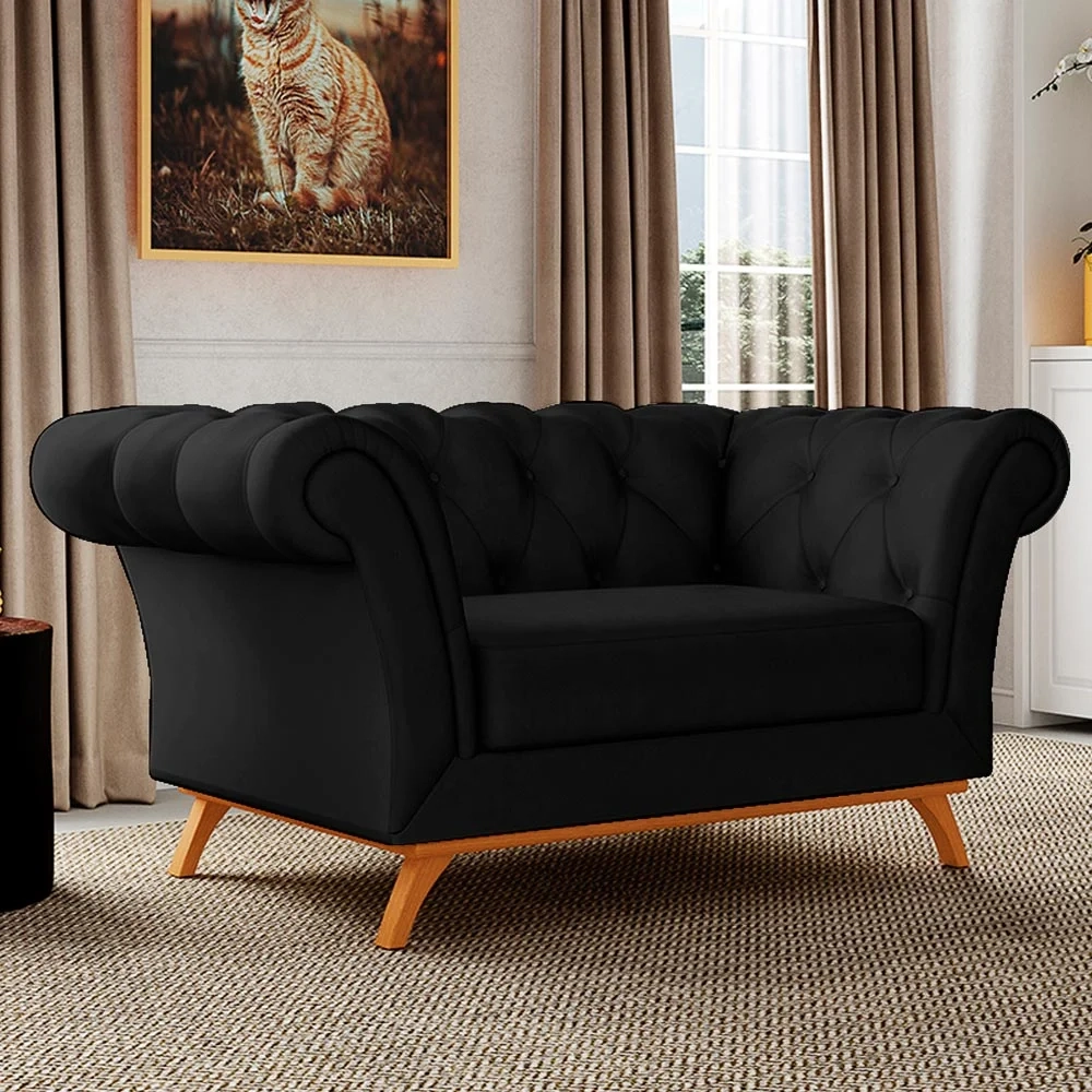 Sofá 150cm 2 Lugares Base Madeira Império C-300 Veludo Preto - Domi