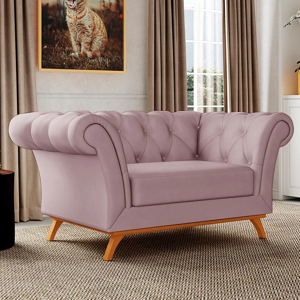 Sofá 150cm 2 Lugares Base Madeira Império C-305 Veludo Rosê - Domi