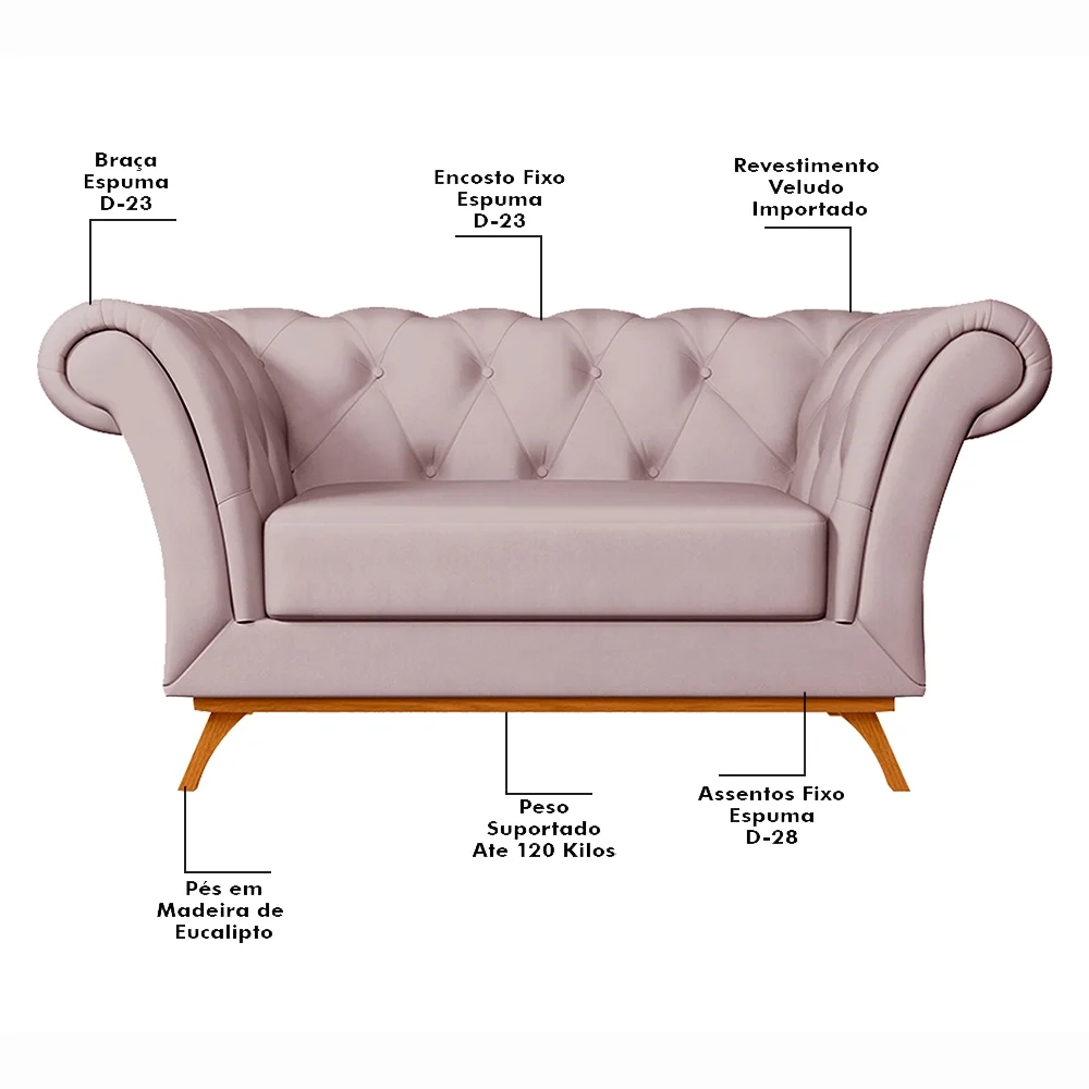 Sofá 150cm 2 Lugares Base Madeira Império C-305 Veludo Rosê - Domi