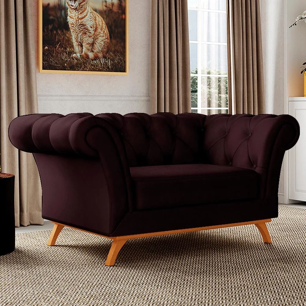 Sofá 150cm 2 Lugares Base Madeira Império C-292 Veludo Bordô - Domi