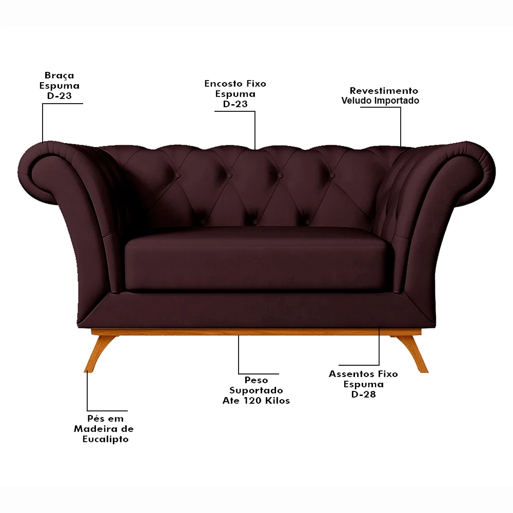 Sofá 150cm 2 Lugares Base Madeira Império C-292 Veludo Bordô - Domi