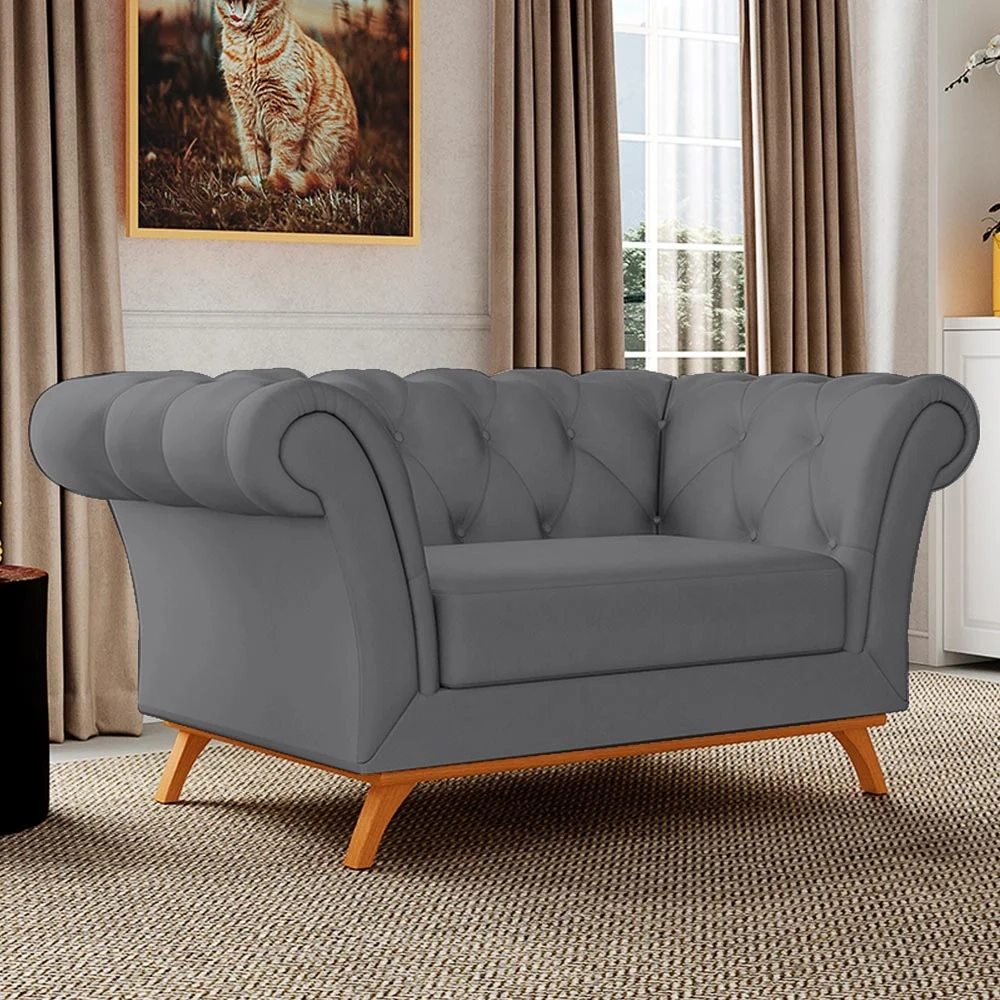 Sofá 150cm 2 Lugares Base Madeira Império D-317 Veludo Cinza - Domi