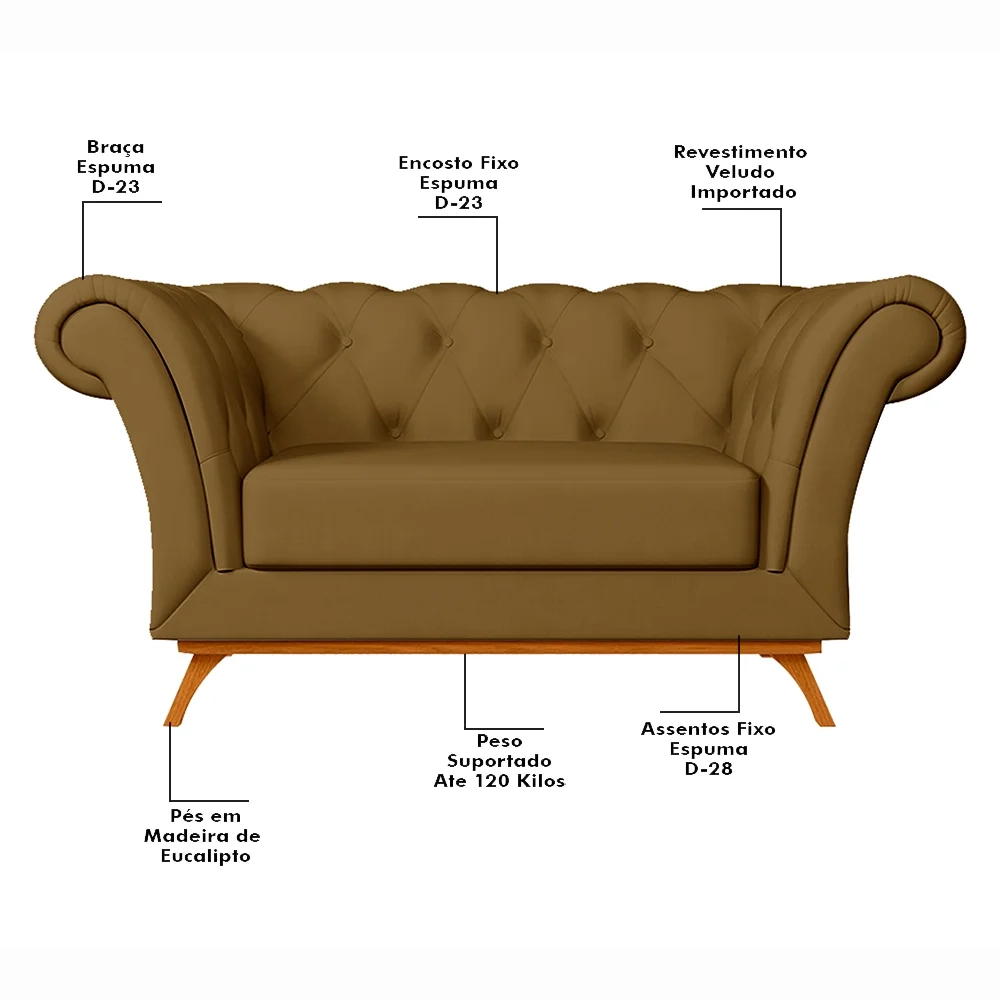 Sofá 150cm 2 Lugares Base Madeira Império B-260 Veludo Mostarda - Domi