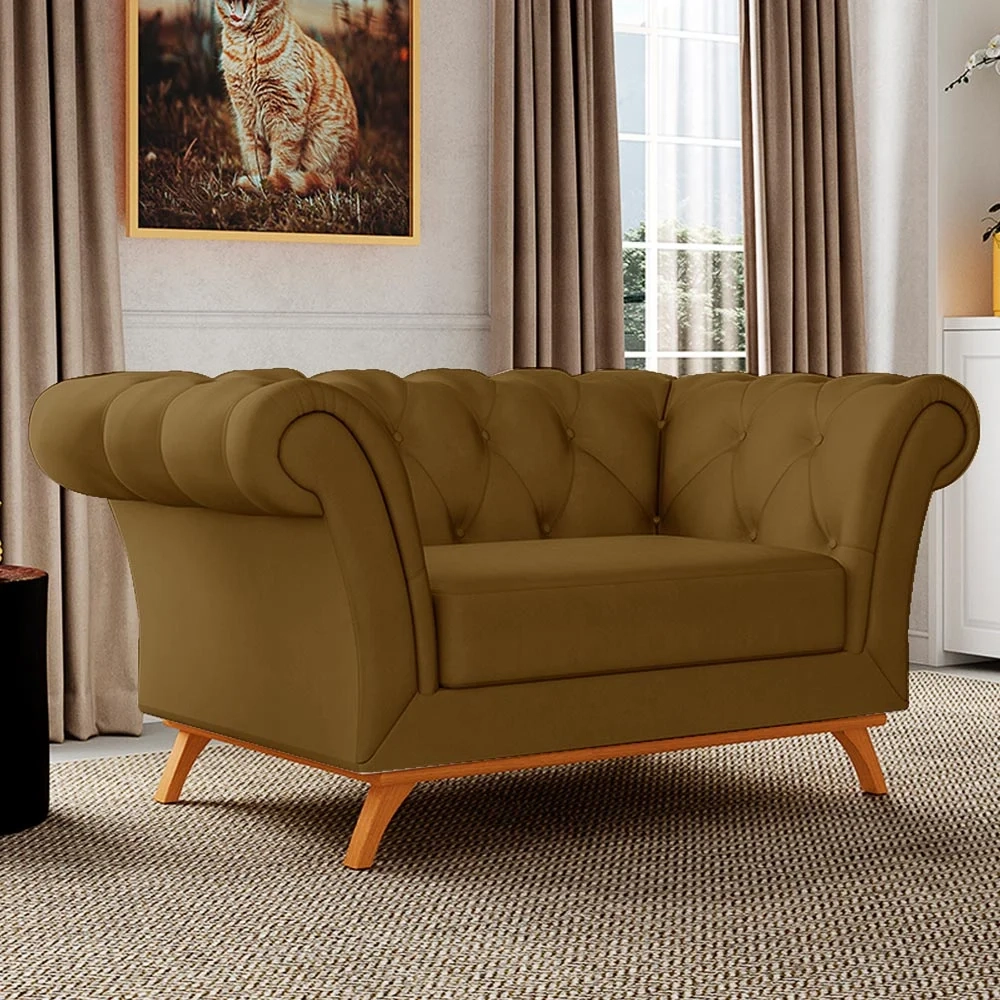 Sofá 150cm 2 Lugares Base Madeira Império B-260 Veludo Mostarda - Domi