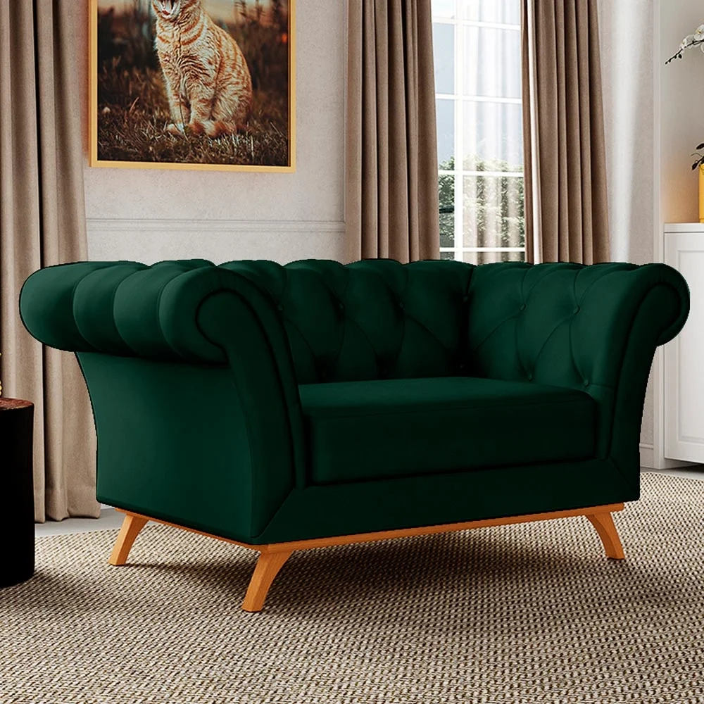 Sofá 150cm 2 Lugares Base Madeira Império C-303 Veludo Verde Musgo - Domi