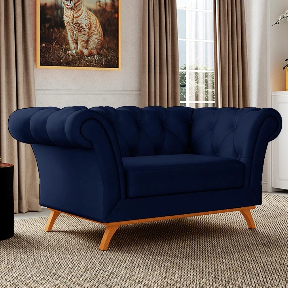 Sofá 150cm 2 Lugares Base Madeira Império C-304 Veludo Azul Marinho - Domi