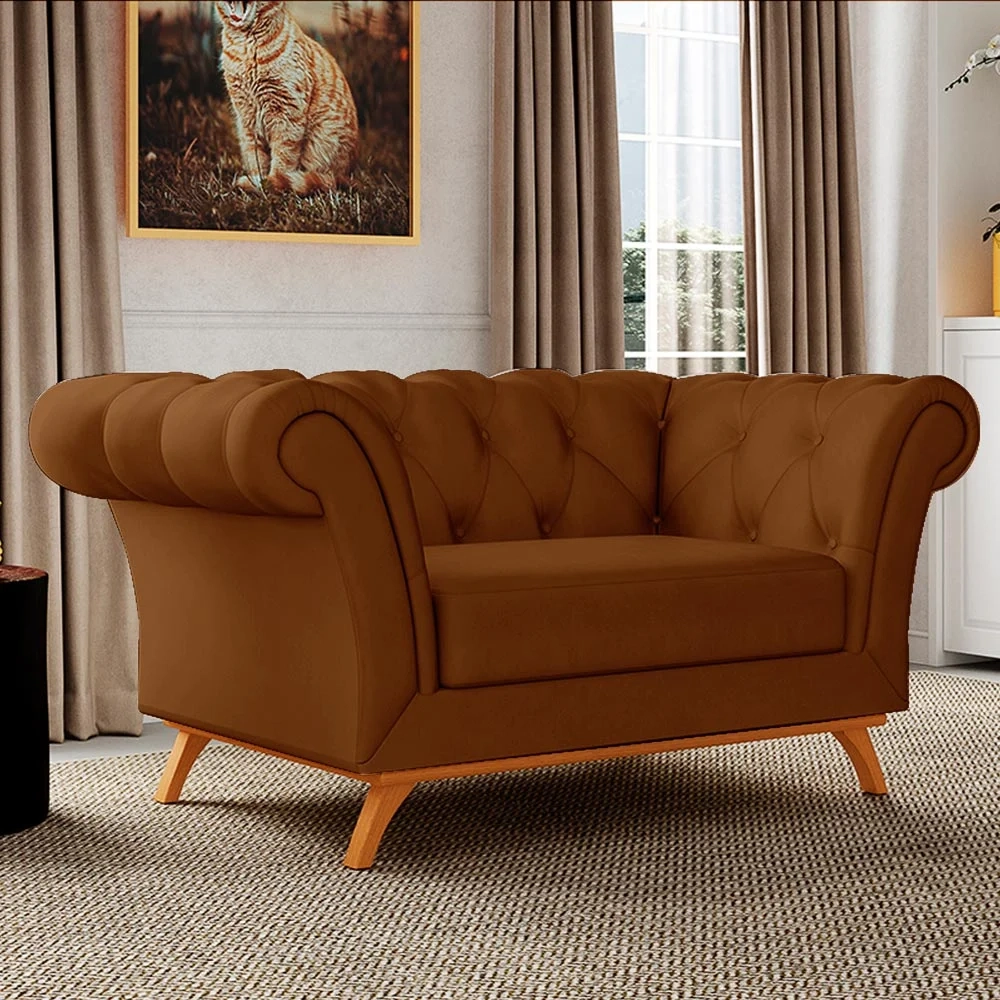 Sofá 150cm 2 Lugares Base Madeira Império C-262 Veludo Telha - Domi